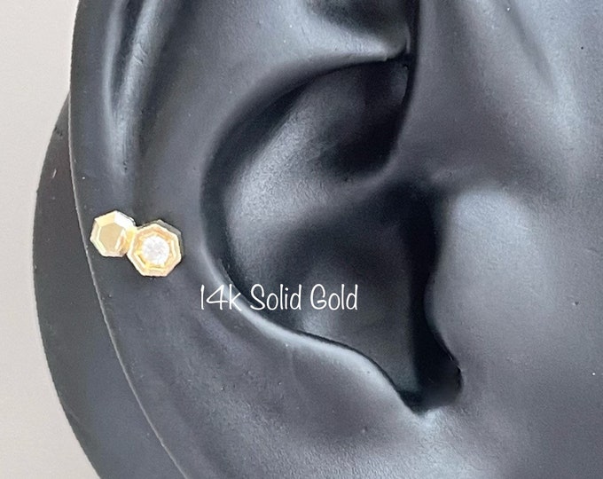 14k Solid Gold Honeycomb Labret Piercing(Single), 14k Solid Gold Internally Threaded labret Tragus, Mid Cartilage, Helix, Conch
