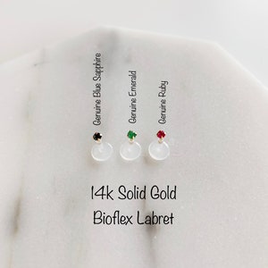 16g 14k Gold Bioflex Labret: Sapphire, Ruby, or Emerald Tragus Cartilage