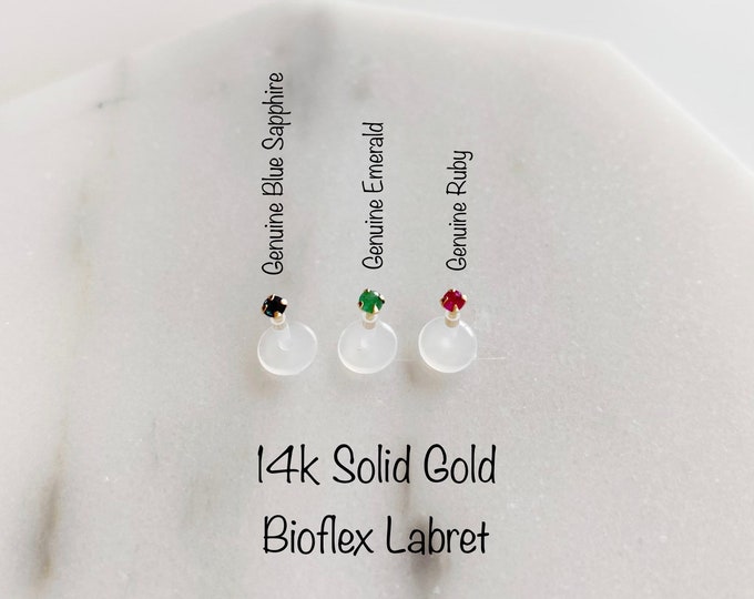 16g Genuine Sapphire/Ruby/Emerald 14k Solid Gold Bioflex Labret push In Labret (Single), 16 gauge Tiny 2mm Tragus Cartilage