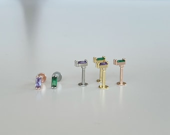 16g Green / Lavender Baguette CZ piercing (Single), Dainty Cartilage, Helix, Tragus, Conch piercing