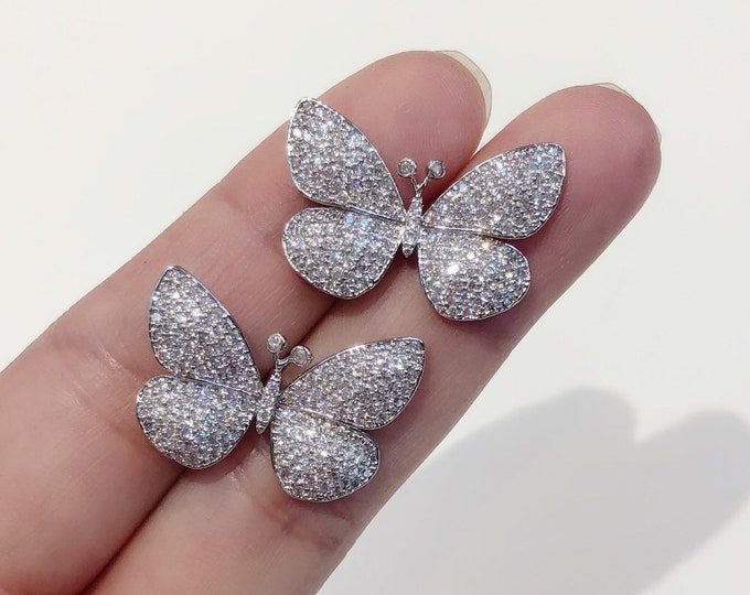 Butterfly Stud Earrings, Cubic Zirconia Full Pave Sterling Silver Butterfly Earring