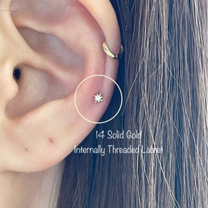18g 14k Solid Yellow/White Gold Tiny 3mm Starburst Internally Threaded Labret (Single), 14k Solid Gold Piercing Tragus, Mid Cartilage, Helix