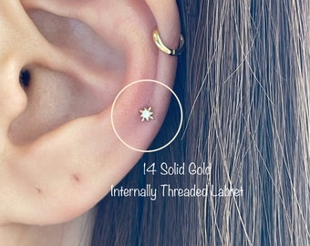 18g 14k Solid Yellow/White Gold Tiny 3mm Starburst Internally Threaded Labret (Single), 14k Solid Gold Piercing Tragus, Mid Cartilage, Helix