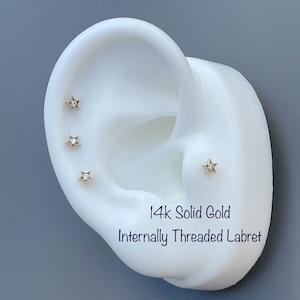 18g 14k Solid Gold CZ Star Internally Threaded Labret Piercing (Single), 14k Solid Gold Piercing Tragus, Mid Cartilage, Helix, Nose