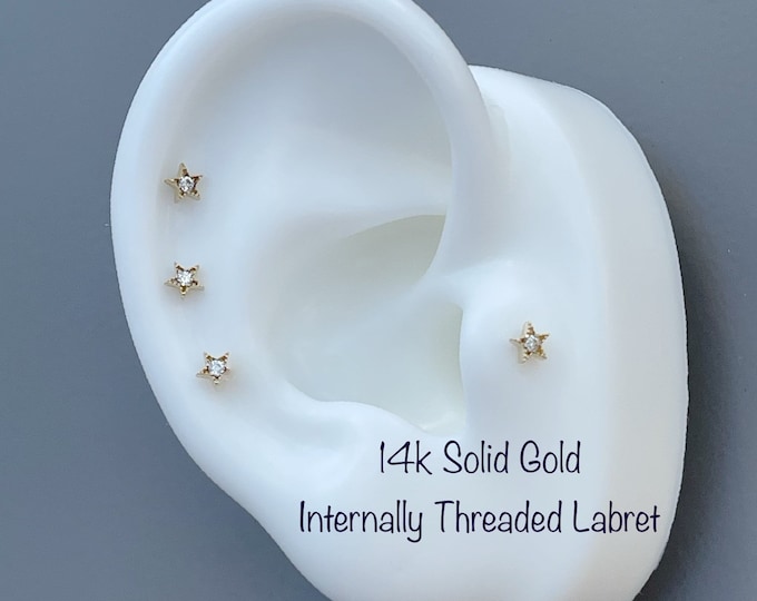18g 14k Solid Gold CZ Star Internally Threaded Labret Piercing (Single), 14k Solid Gold Piercing Tragus, Mid Cartilage, Helix, Nose