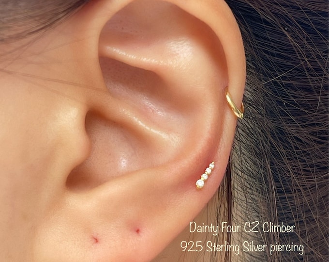 Dainty Four CZ Climber piercing (Single), 925 Sterling Silver cz baguette cartilage helix tragus conch piercing