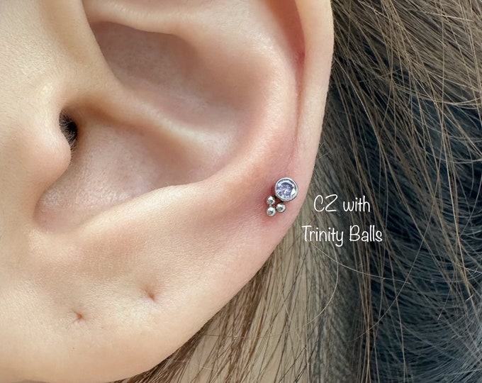 16g CZ with Trinity Ball Boho Titanium 6AL-4V-ELI-ASTM-F136 Internally Threaded Labret, Tiny boho piercing for Cartilage, Tragus, Helix, Co