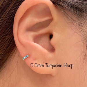 5.5mm Turquoise CZ Hoop Cartilage (Single), 925 Sterling Silver Cartilage, Helix, Tragus, Rook minimalist mini hoop