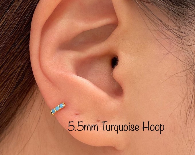 5.5mm Turquoise CZ Hoop Cartilage (Single), 925 Sterling Silver Cartilage, Helix, Tragus, Rook minimalist mini hoop
