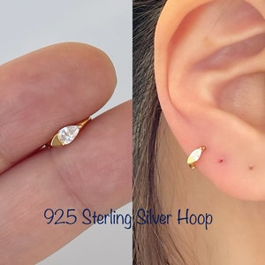 Teardrop CZ Hoop Cartilage (Single), 925 Sterling Silver Mini Huggie hoop, Tiny Cartilage, Helix, Tragus, Rook