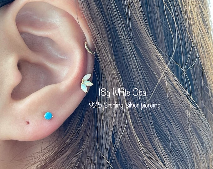 Genuine OPAL Crown Piercing (Single) Triple Marquise opal piercing, 925 Sterling Silver Genuine White Opal piercing, Cartilage Helix Conch