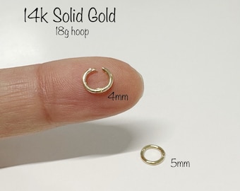 14k Solid Gold "SUPER TINY" 4mm/5mmTragus Huggie Hoop Earring(Single), 14k Solid Gold Hoop Tragus, Rook, Daith, Forward Helix, Mid Cartilage