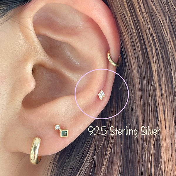 Tiny Twin Baguette CZ piercing (Single), 925 Sterling Silver cz baguette cartilage helix tragus conch piercing