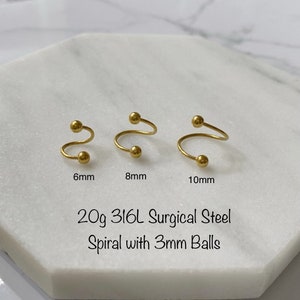 20g 18g 316L Surgical Steel Spiral piercing (Single), Gold 6mm 8mm 10mm Cartilage, Eyebrow, Rook, Helix, Rook piercing