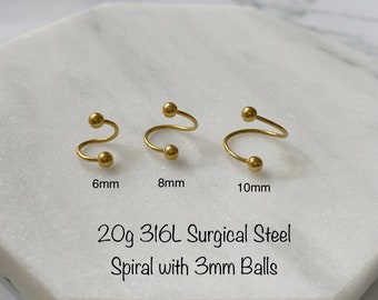 18g 20g - 316L Surgical Steel Spiral piercing (Single), Gold 6mm 8mm 10mm Cartilage, Eyebrow, Rook, Helix, Rook piercing