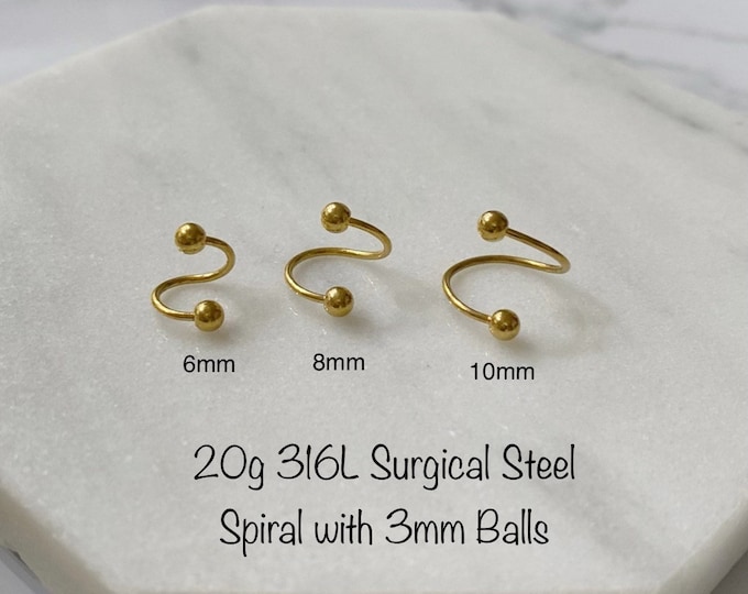 20g 18g 316L Surgical Steel Spiral piercing (Single), Gold 6mm 8mm 10mm Cartilage, Eyebrow, Rook, Helix, Rook piercing