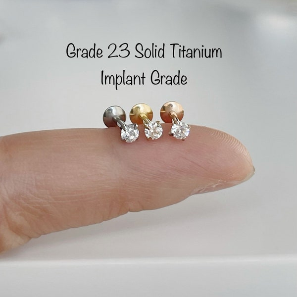 16g 3mm cz Prong Set Round Clear CZ Internally Threaded Monroe Labret, Standard Size 3mm CZ Titanium Labret, ASTM-F136