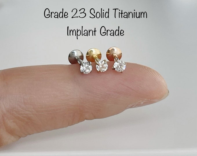 16g 2mm 3mm cz Prong Set Round Clear CZ Internally Threaded Monroe Labret, Standard Size 3mm CZ Titanium Labret, ASTM-F136