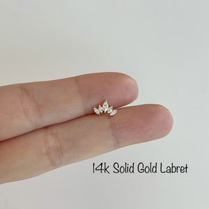 Piercing labret couronne délicate en or massif 14 carats (simple), cartilage labret en or massif 14 carats avec filetage interne, tragus, hélice, dos plat