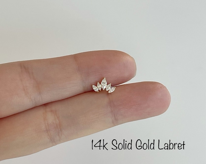 14k Solid Gold Dainty Crown Labret Piercing(Single), 14k Solid Gold Internally Threaded labret Cartilage, Tragus, Helix, Flat Back