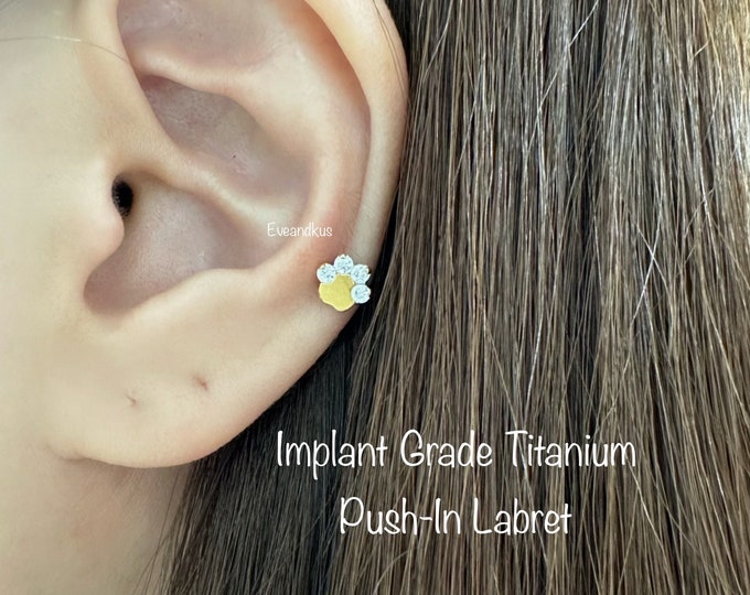 20g 18g 16g CZ Paw Implant Grade Titanium Threadless Push In Labret, Cartilage, Monroe, Helix, Conch, Tragus