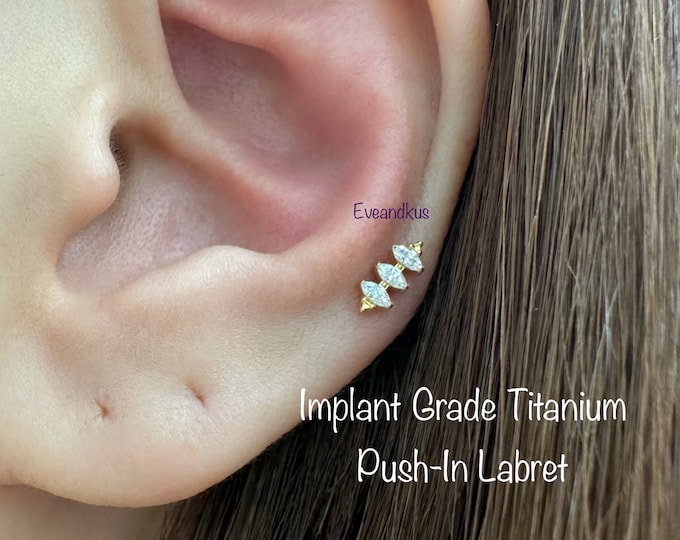 20g 18g 16g Straight Three Marquise with bead Push In Threadless Titanium Labret, Implant Grade Titanium for Cartilage, Helix piercing