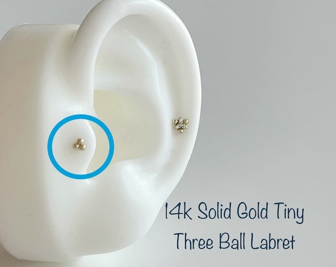 18g 14k Solid Gold Trinity Ball Internally Threaded Labret Piercing (Single), 14k Solid Gold Piercing Tragus, Mid Cartilage, Helix, Nose