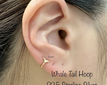 Whale Tail Huggie Hoop (Single or Pair), 14k gold dipped 925 Sterling Silver huggie Earring, 6mm/7mm Lucky Whale Tail Dainty Huggie Earrings