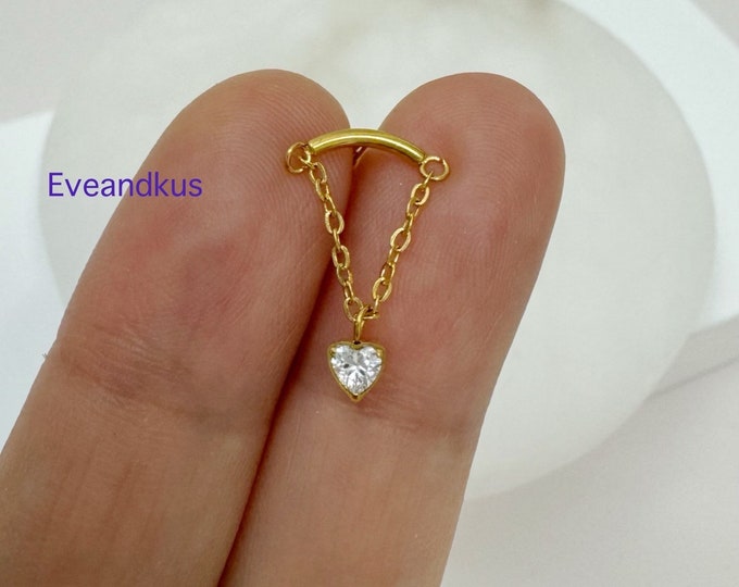 Curved Bar with Heart CZ Dangle 316L Surgical Steel Push-In Threadless Labret, Helix, Cartilage, Flat piercing