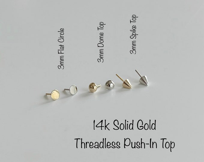18g 16g 14k Solid Gold Threadless Push-In Top, 3mm Circle Top/Dome Top/Spike Top Nose Helix Cartilage Tragus Conch