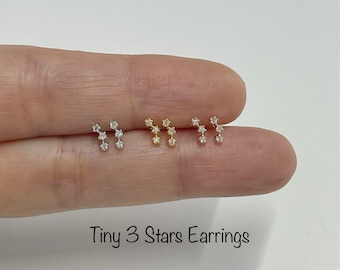 Tiny Sterling Silver Three Star Earrings: Minimalist CZ Bar