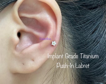 20g 18g 16g Tiny CZ Flower Push In Threadless Titanium Labret, Implant Grade Titanium for Tragus, Conch, Cartilage, Nose, Helix piercing