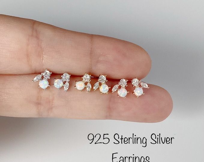 Opal Stud Earrings, Tiny Mix Opal Stud Earrings (PAIR), 925 Sterling Silver Opal Mix Stud Earrings Hypoallergenic-Nickel Free
