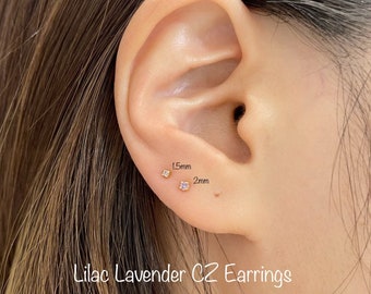 Teeny Tiny 1.5mm, 2mm Lilac Lavender CZ Studs 925 Sterling Silver earrings, Minimalist Earrings