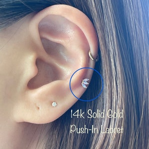 18g 16g 14k Solid Gold Triple Marquise Push-In Labret, Dainty Conch Nose Helix Cartilage Tragus piercing