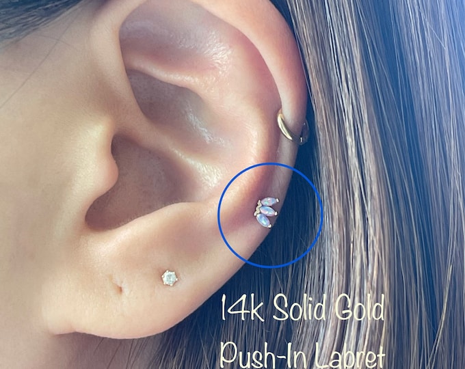 18g 16g 14k Solid Gold Triple Marquise Push-In Labret, Dainty Conch Nose Helix Cartilage Tragus piercing