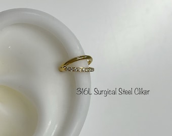 18g 16g 6mm 8mm V Shaped Hoop with One Line CZ prong Set Clicker, Helix, Cartilage, Hoop