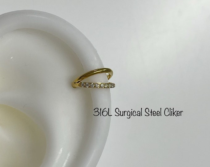 18g 16g 6mm 8mm V Shaped Hoop with One Line CZ prong Set Clicker, Helix, Cartilage, Hoop
