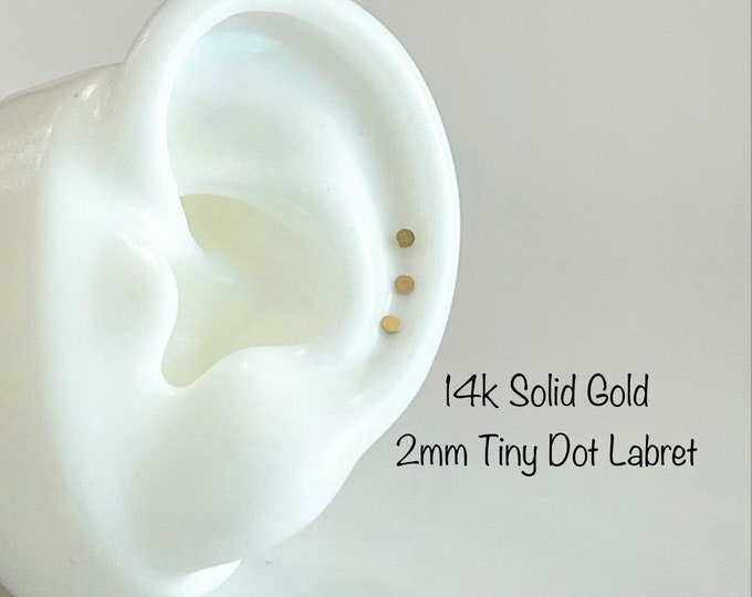 18g 14k Solid Gold TEENY Tiny 2mm Dot Labret Piercing(Single), 14k Solid Gold Internally Threaded labret Tragus, Mid Cartilage, Helix, Nose