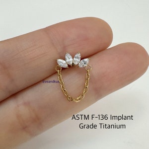20g 18g 16g Marquise CZ with Chain Piercing, Implant Grade Titanium, flat piercing, helix labret