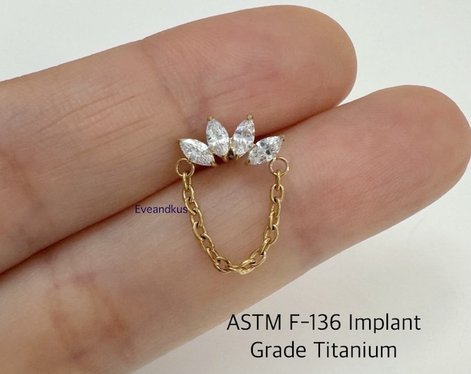 20g 18g 16g Marquise CZ with Chain Piercing, Implant Grade Titanium, flat piercing, helix labret