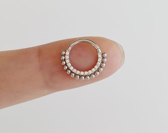 16g Surgical Steel Hinged Segment Ring: CZ & Ball Septum Piercing (8mm)