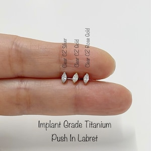 20g 18g 16g Single Marquise CZ Push In Implant Grade Titanium Labret, Dainty Oval Shape CZ Hypoallergenic Titanium