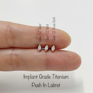 20g 18g 16g Single Marquise CZ Push In Implant Grade Titanium Labret, Dainty Oval Shape CZ Hypoallergenic Titanium image 1