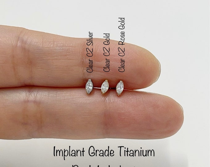 20g 18g 16g Single Marquise CZ Push In Implant Grade Titanium Labret, Dainty Oval Shape CZ Hypoallergenic Titanium