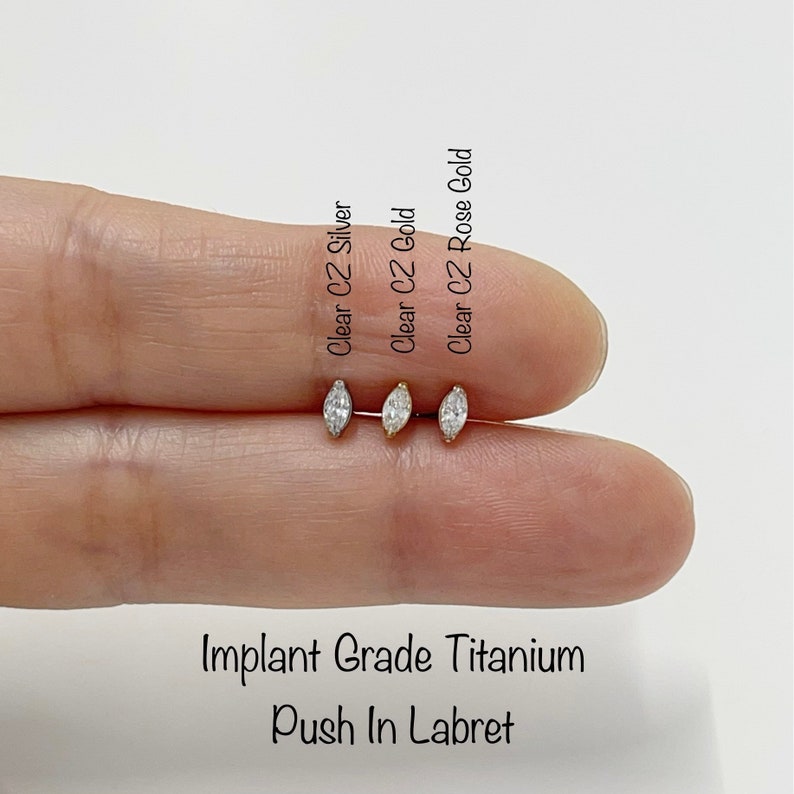 20g 18g 16g Single Marquise CZ Push In Implant Grade Titanium Labret, Dainty Oval Shape CZ Hypoallergenic Titanium image 1