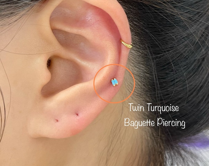 Twin Turquoise CZ Baguette piercing (Single), 925 Sterling Silver CZ baguette cartilage helix Mid Helix piercing, Minimalist Earring