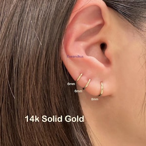 14k Solid Gold Thin Small Huggie Hoop (Single or Pair), 6mm/8mm/9mm/11mm 14K Solid Gold Hoop Earrings