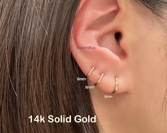14k Solid Gold Thin Small Huggie Hoop (Single or Pair), 6mm/8mm/9mm/11mm 14K Solid Gold Hoop Earrings