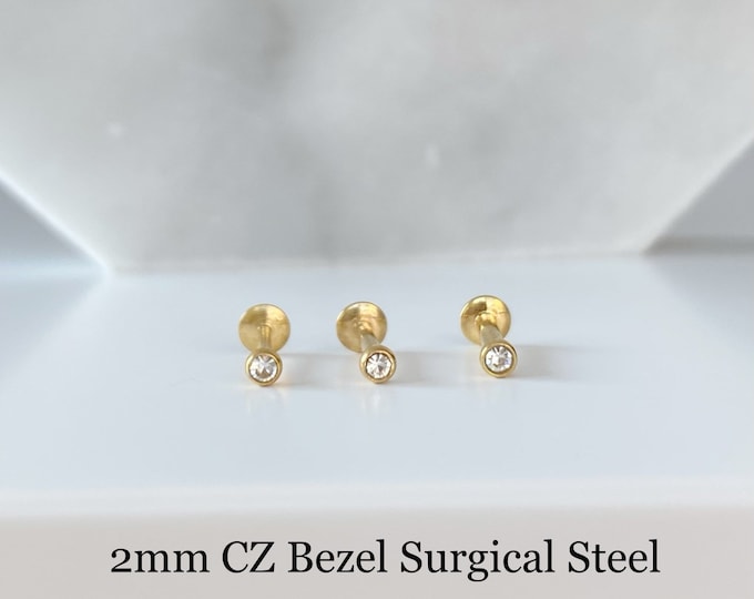 16g 18g 20g Tiny CZ 2mm Push In Bezel Setting Labret, PVD over surgical steel labret for Tragus Cartilage Helix Lip Nose Piercings